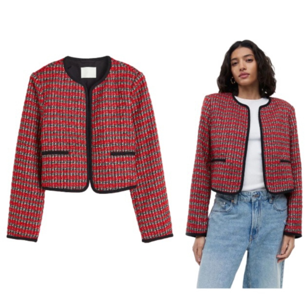 H&M Tweed Blazer Open-Front Red and Navy Blue Chic Preppy Jacket BNWT Classic